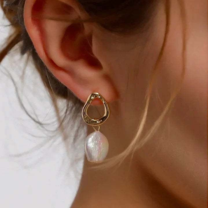 Valantomode | Plated Hoop Earrings with Suspended Freshwater Pearls for Women