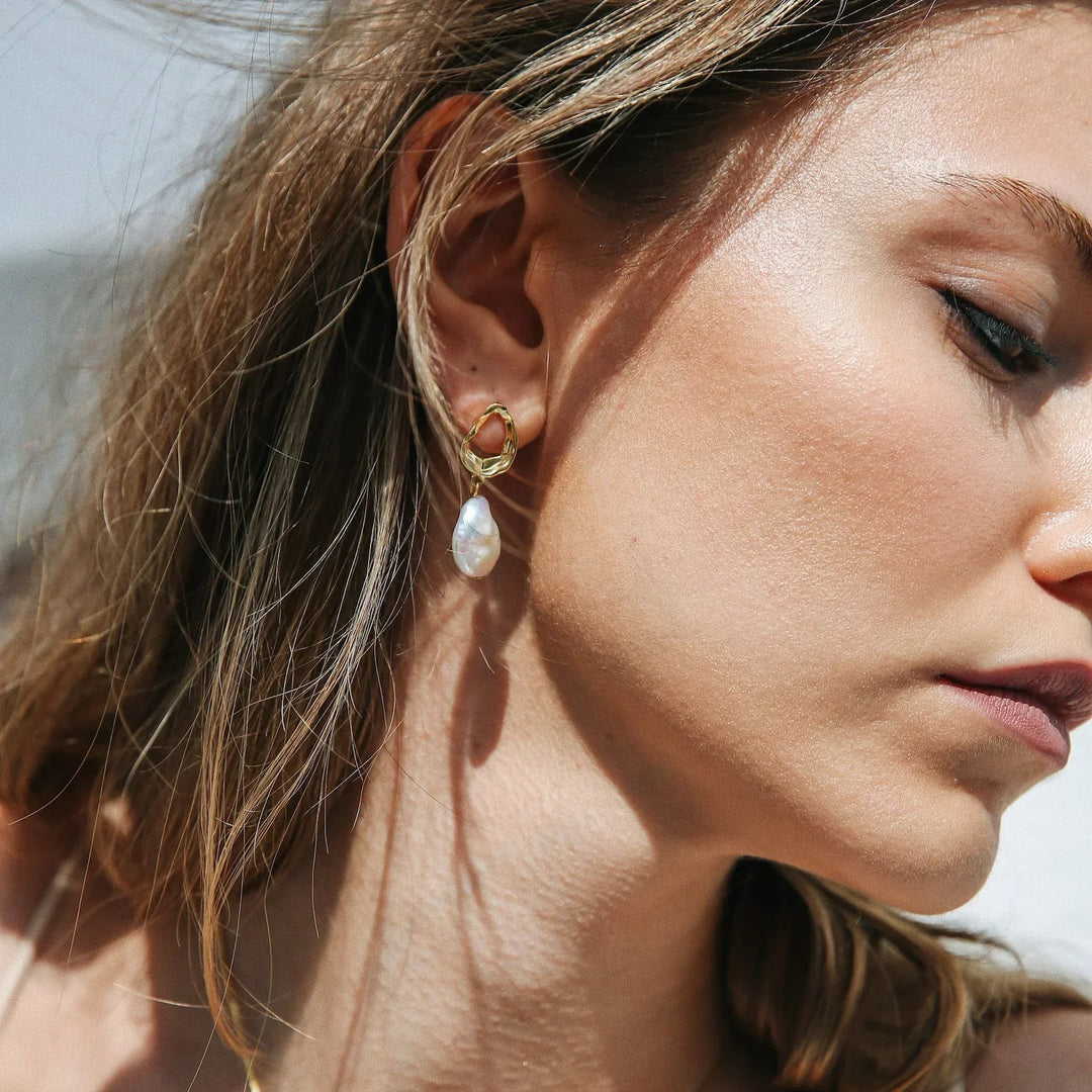 Valantomode | Plated Hoop Earrings with Suspended Freshwater Pearls for Women