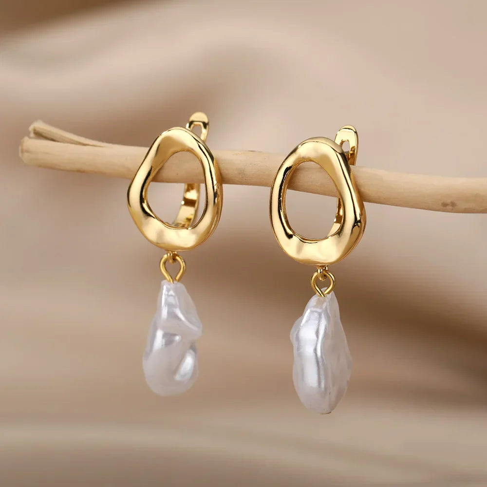 Valantomode | Plated Hoop Earrings with Suspended Freshwater Pearls for Women
