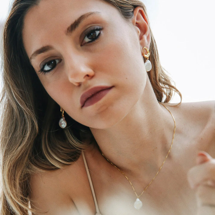 Valantomode | Plated Hoop Earrings with Suspended Freshwater Pearls for Women