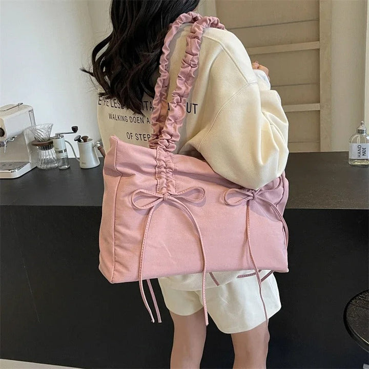 Valantomode | Luna Ribbon Kinetic Tote – Lightweight Adjustable Nylon Shoulder Bag with Ribbon Detail