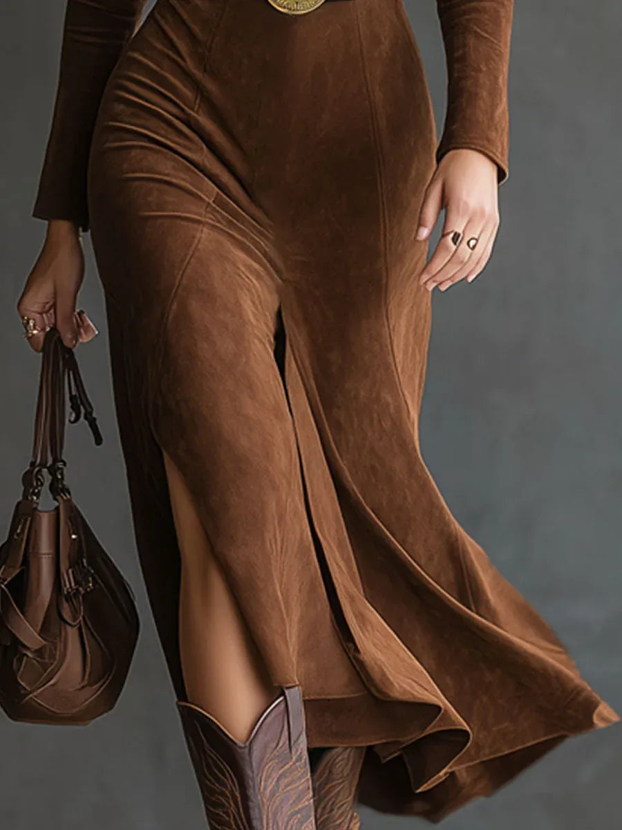 Valantomode | Chic Faux Suede Midi Dress for Effortless Style