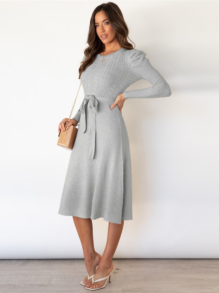Valantomode | Puff Sleeve Cable Knit Dress for Women