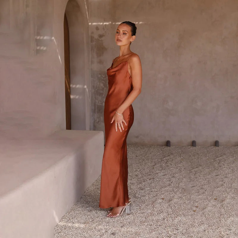 Valantomode | Chic Long Satin Dress for Women’s Fashion Events