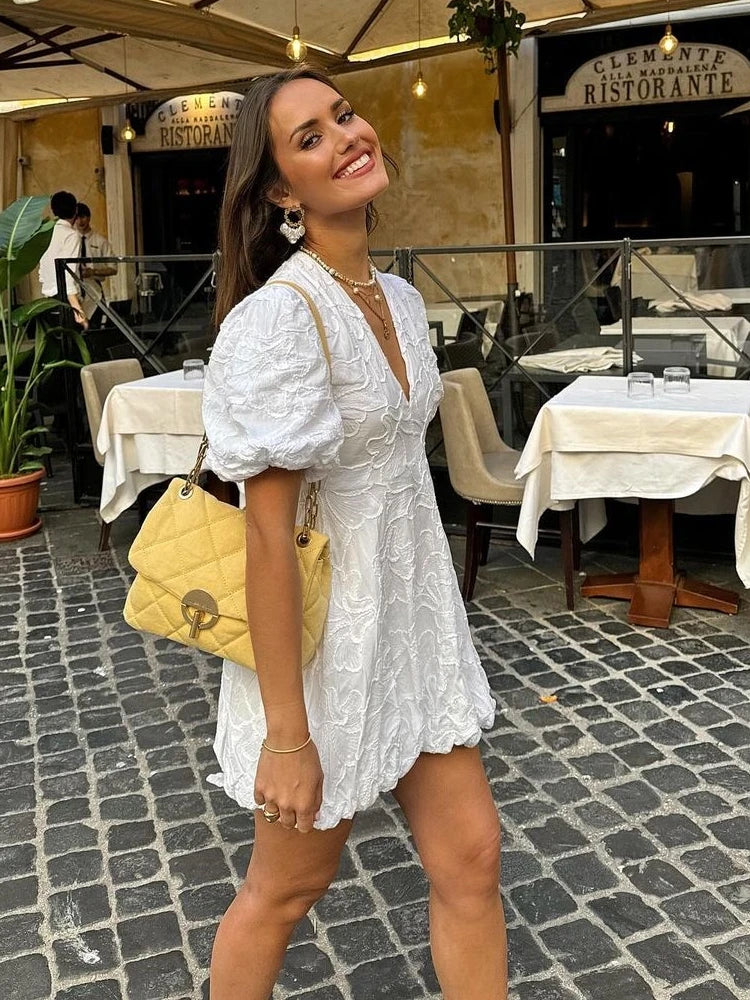 Valantomode | Charming White Dress with Embellished Ruffle Details
