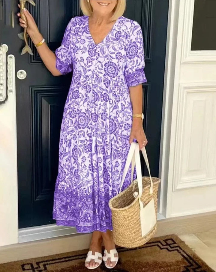 Valantomode | Dress With Elegant Floral Design & V-Neck