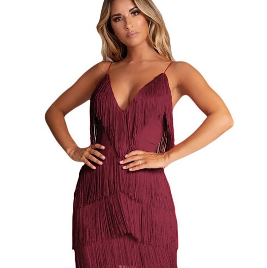 Valantomode | Chic V-Neck Mini Dress with Sleeveless Fringe Details
