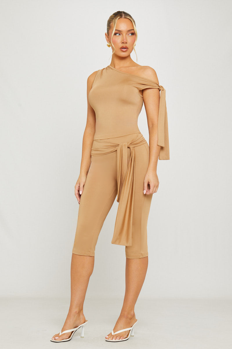 Valantomode | Chic Taupe One Shoulder Knot Top & Capri Pants Set