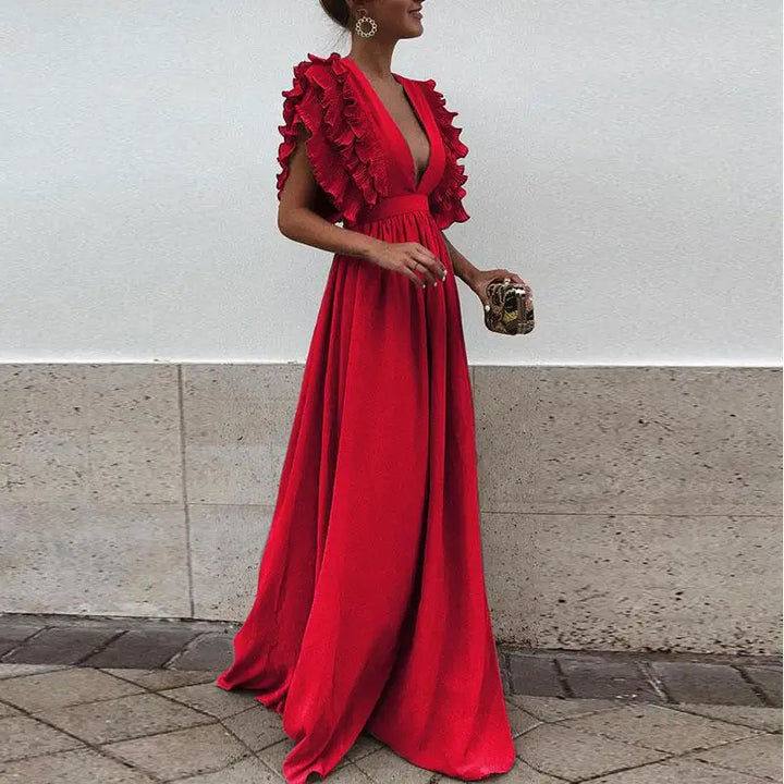 Valantomode | V-Neck Ruffled Maxi Dress for Effortless Elegance