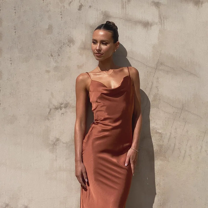 Valantomode | Chic Long Satin Dress for Women’s Fashion Events