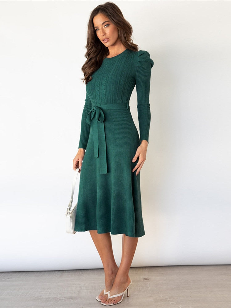 Valantomode | Puff Sleeve Cable Knit Dress for Women
