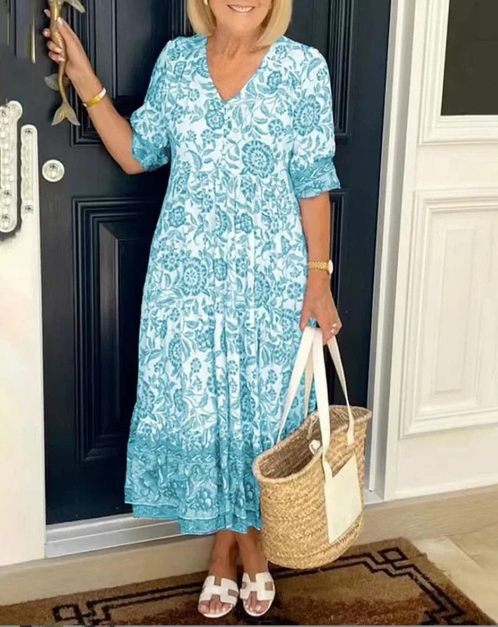 Valantomode | Dress With Elegant Floral Design & V-Neck