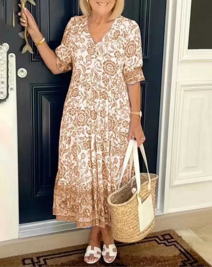 Valantomode | Dress With Elegant Floral Design & V-Neck