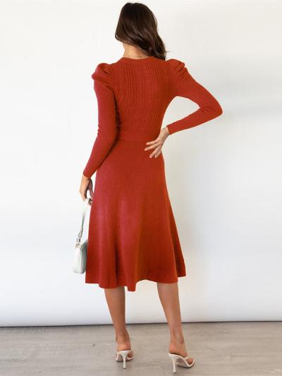 Valantomode | Puff Sleeve Cable Knit Dress for Women