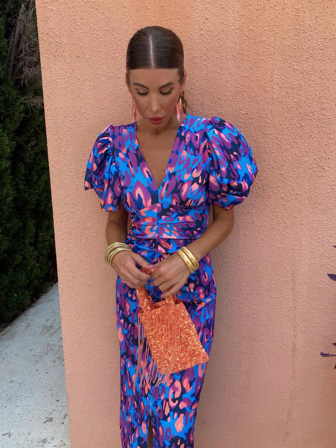 Valantomode | Chic Midi Dress with Puff Sleeves & Ruffled Waist