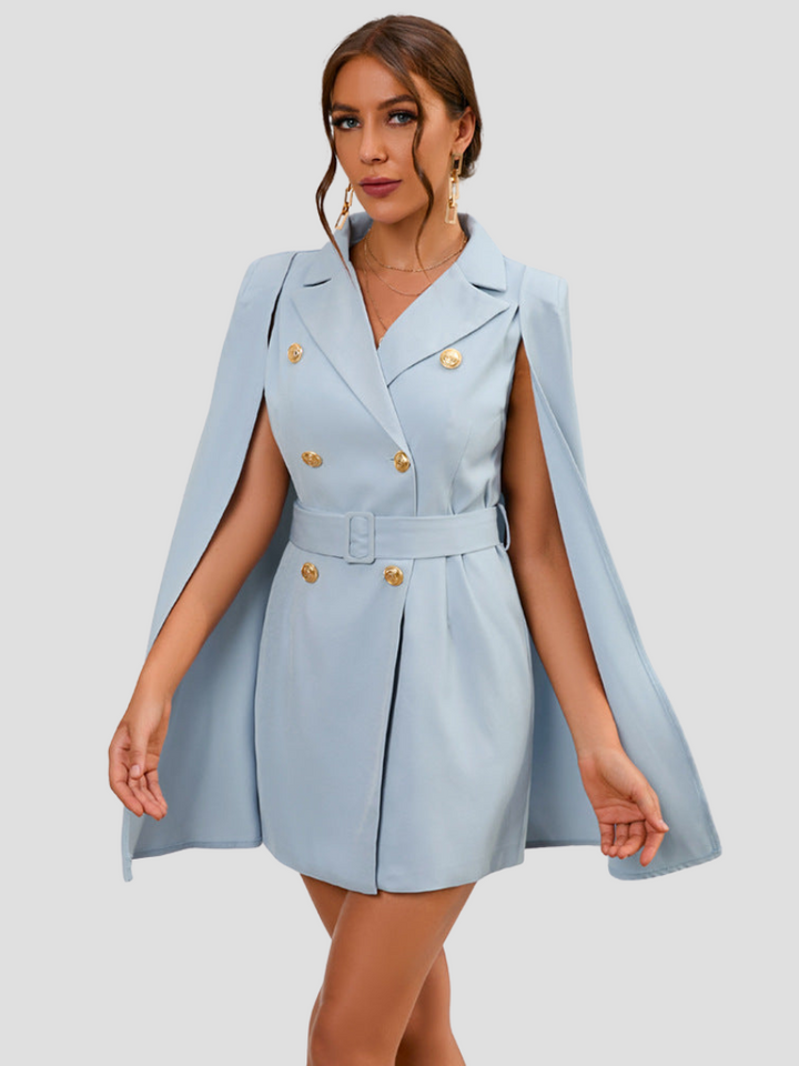 Valantomode | Chic Blazer Dress with Gold Buttons and Stylish Cape
