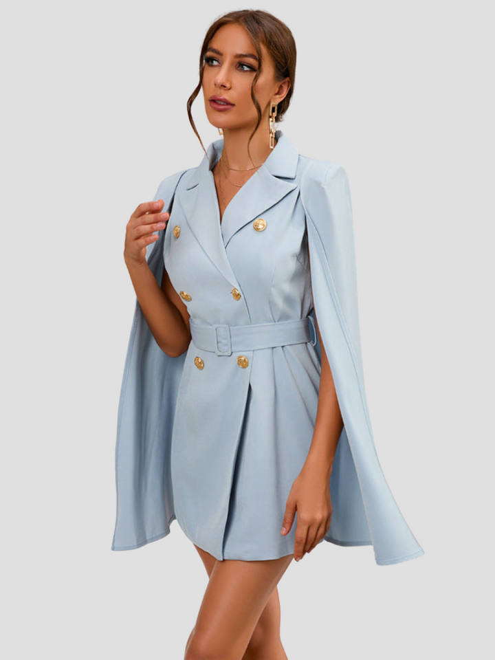Valantomode | Chic Blazer Dress with Gold Buttons and Stylish Cape