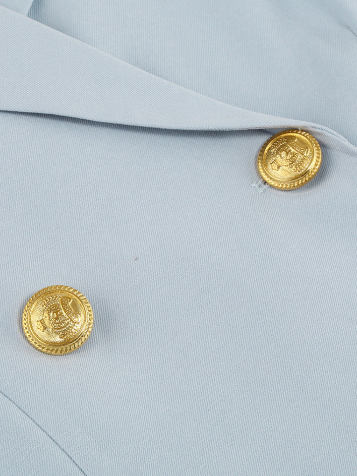 Valantomode | Chic Blazer Dress with Gold Buttons and Stylish Cape
