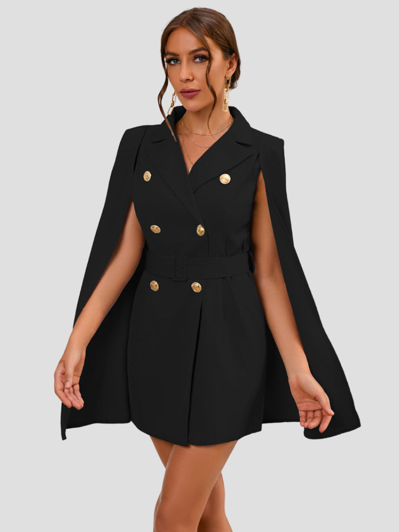 Valantomode | Chic Blazer Dress with Gold Buttons and Stylish Cape