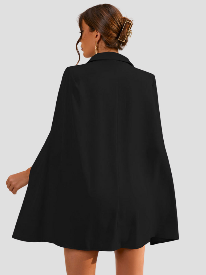 Valantomode | Chic Blazer Dress with Gold Buttons and Stylish Cape