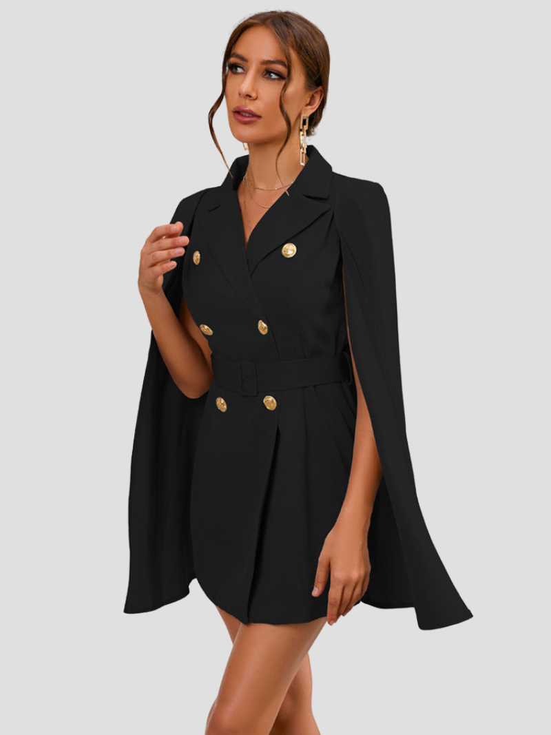 Valantomode | Chic Blazer Dress with Gold Buttons and Stylish Cape