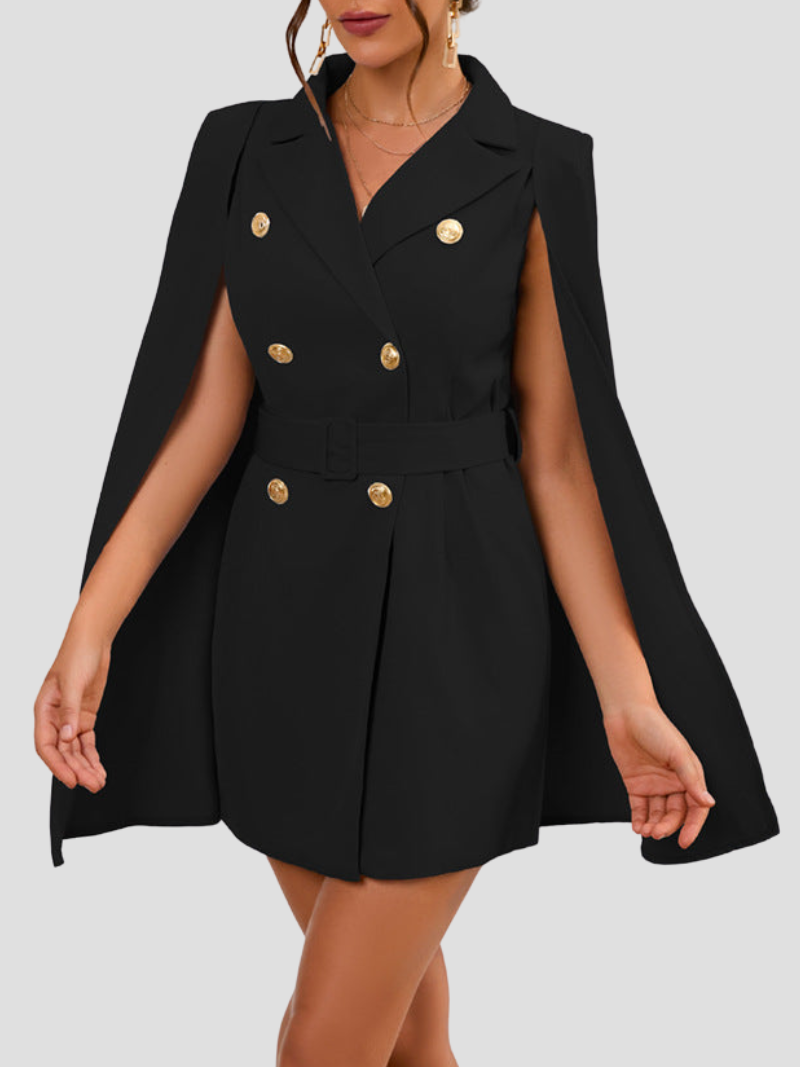 Valantomode | Chic Blazer Dress with Gold Buttons and Stylish Cape