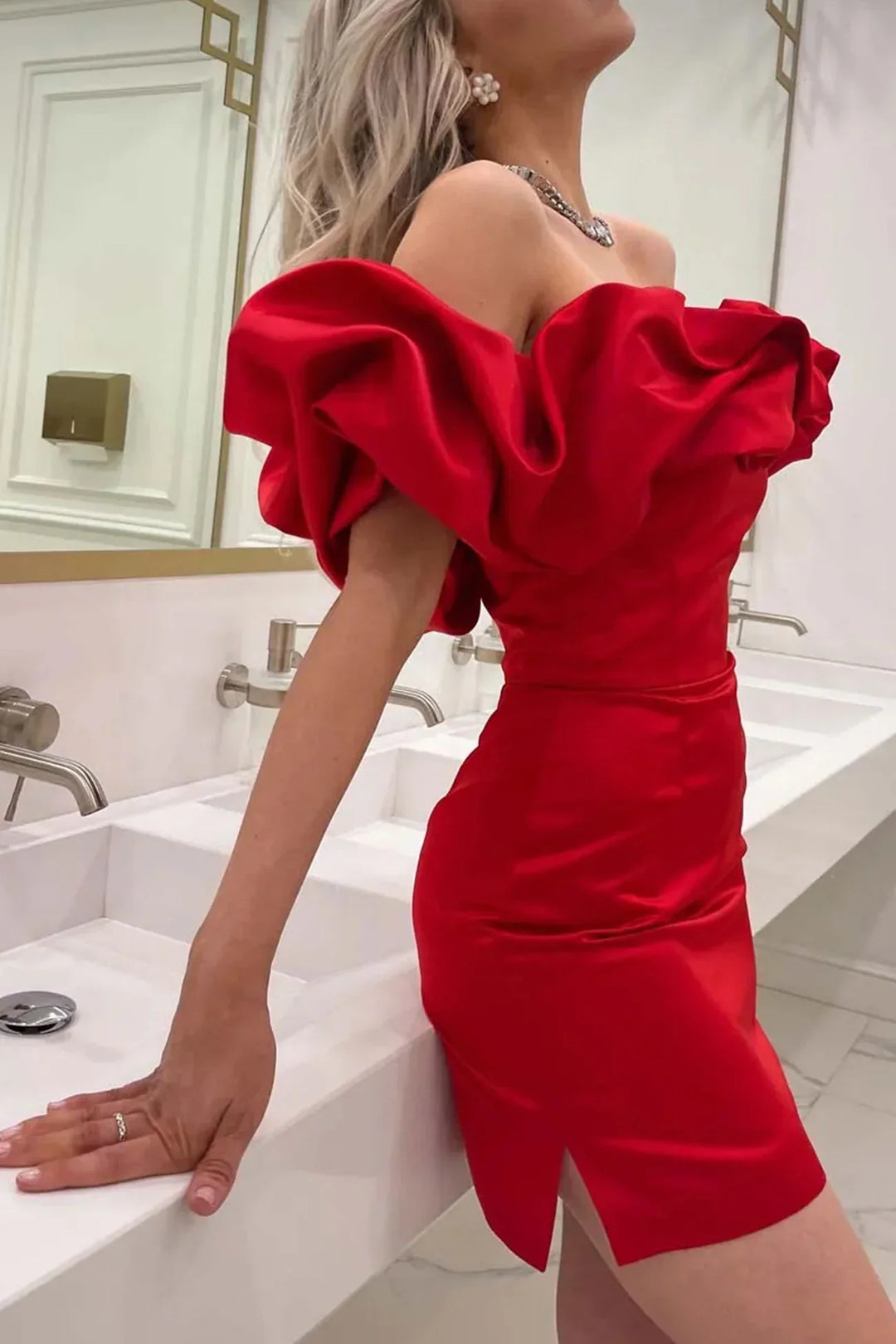 Valantomode | Off Shoulder Satin Mini Dress for Chic Night Out