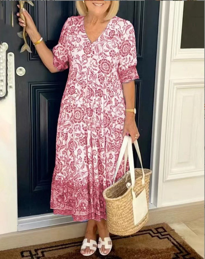 Valantomode | Dress With Elegant Floral Design & V-Neck