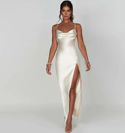 Valantomode | Elegant Satin Maxi Dress with High Split Design
