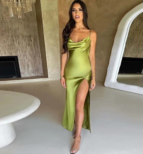Valantomode | Elegant Satin Maxi Dress with High Split Design