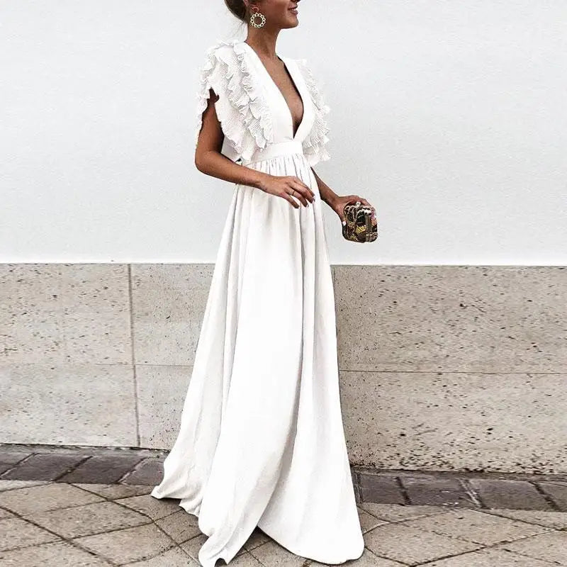 Valantomode | V-Neck Ruffled Maxi Dress for Effortless Elegance