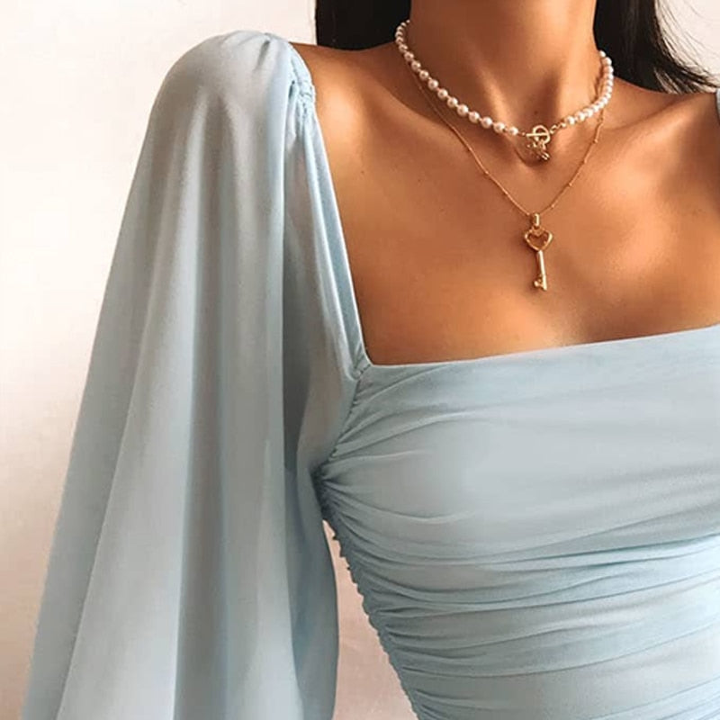 Valantomode | Chic Light Blue Mini Dress with Puff Sleeves for Women