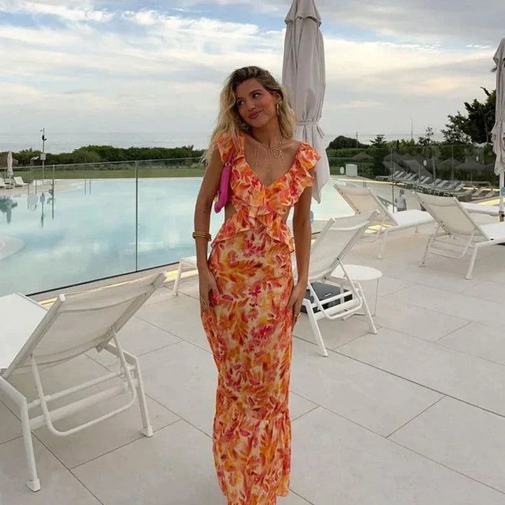 Valantomode | Floral Ruffle Maxi Dress for Effortless Elegance
