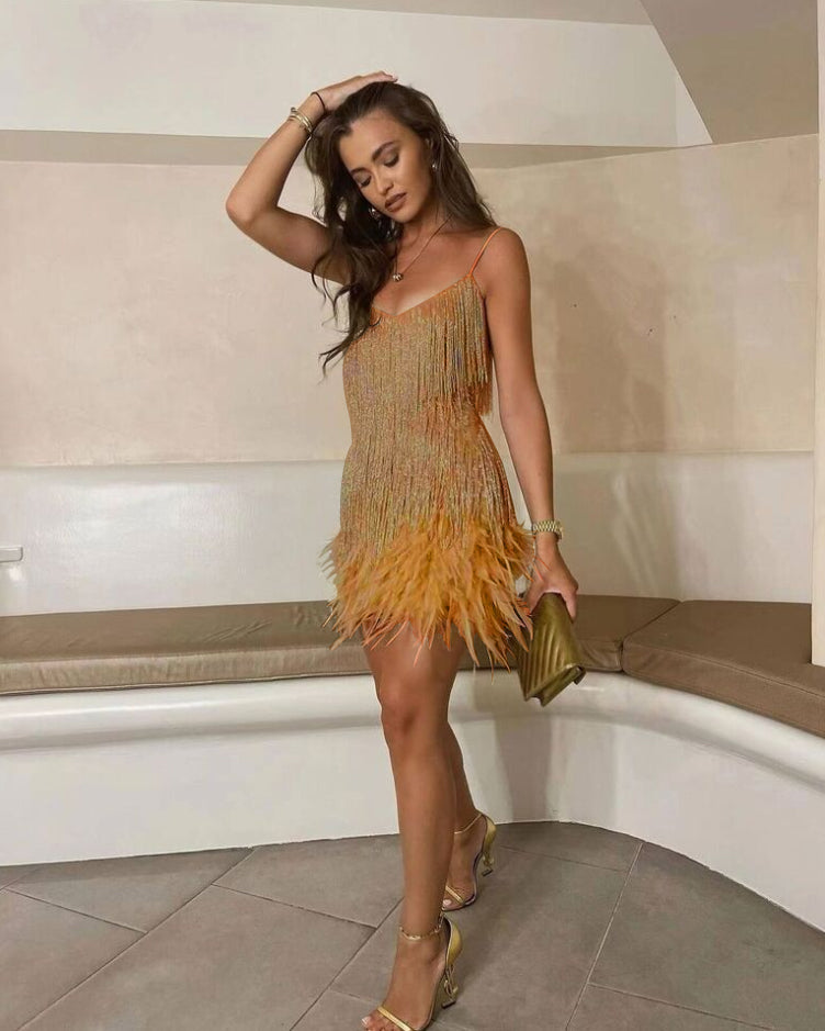 Valantomode | Sparkling Mini Dress with Sequins & Feathers
