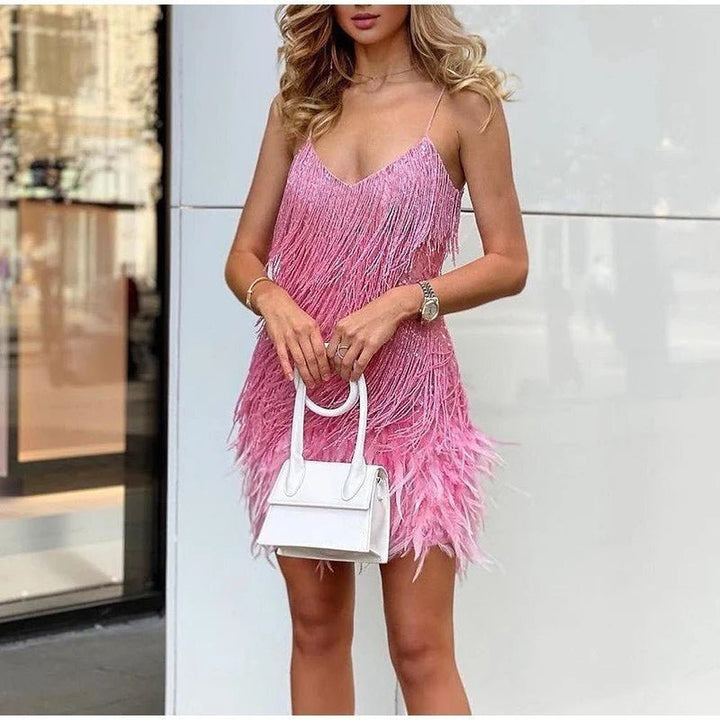 Valantomode | Sparkling Mini Dress with Sequins & Feathers
