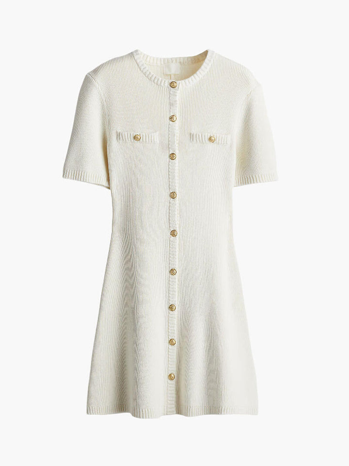 Valantomode | Elegant White Knit Dress with Chic Gold Buttons