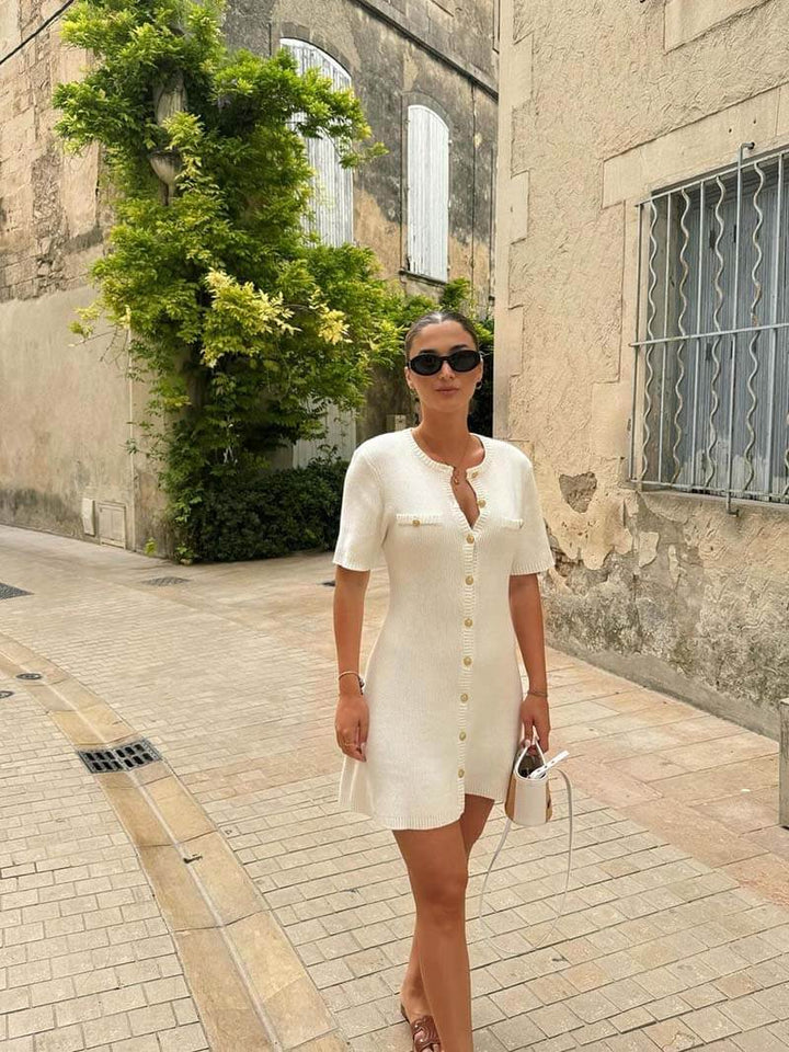 Valantomode | Chic Knitted Mini Dress Featuring Stylish Gold Buttons