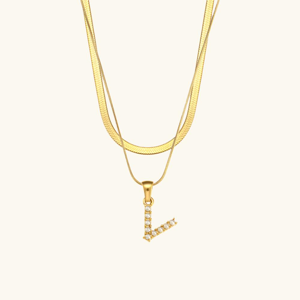 Valantomode | Plated Layered Pearl Initial Necklace with Genuine Freshwater Pearl Architecture