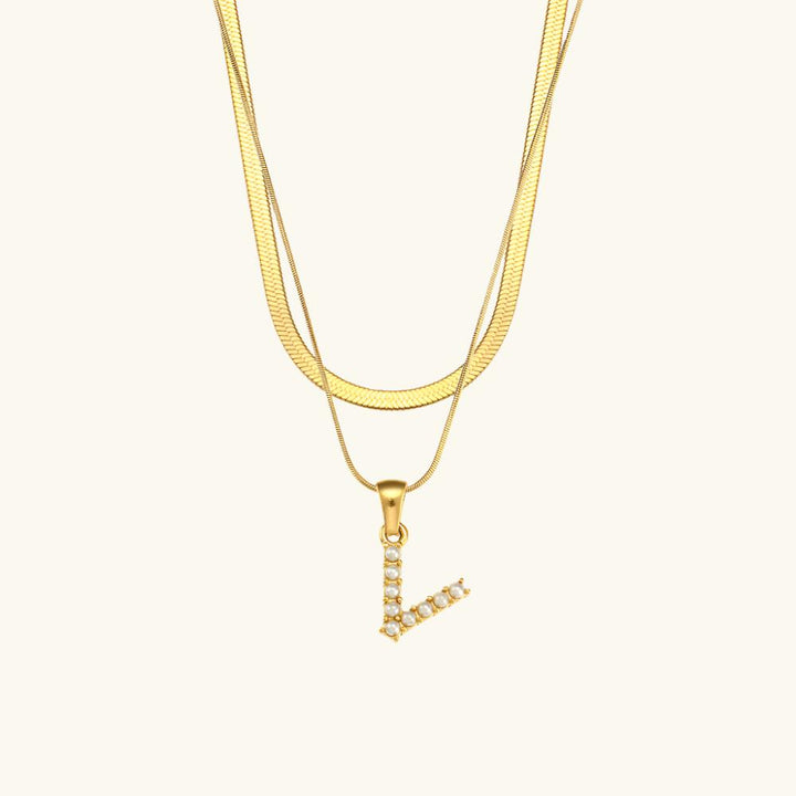 Valantomode | Plated Layered Pearl Initial Necklace with Genuine Freshwater Pearl Architecture