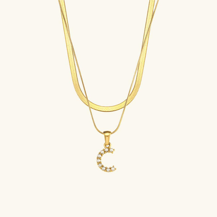 Valantomode | Plated Layered Pearl Initial Necklace with Genuine Freshwater Pearl Architecture