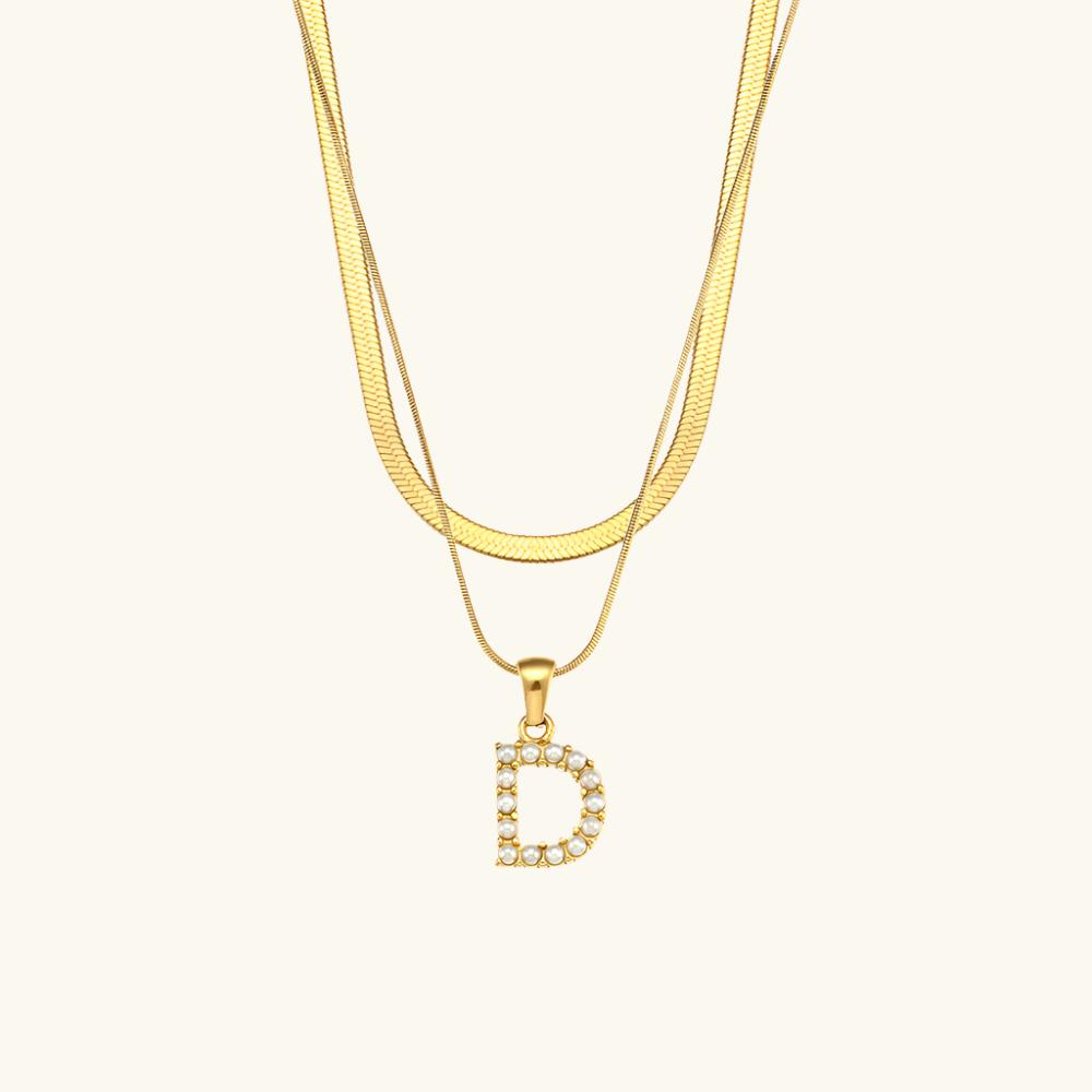 Valantomode | Plated Layered Pearl Initial Necklace with Genuine Freshwater Pearl Architecture