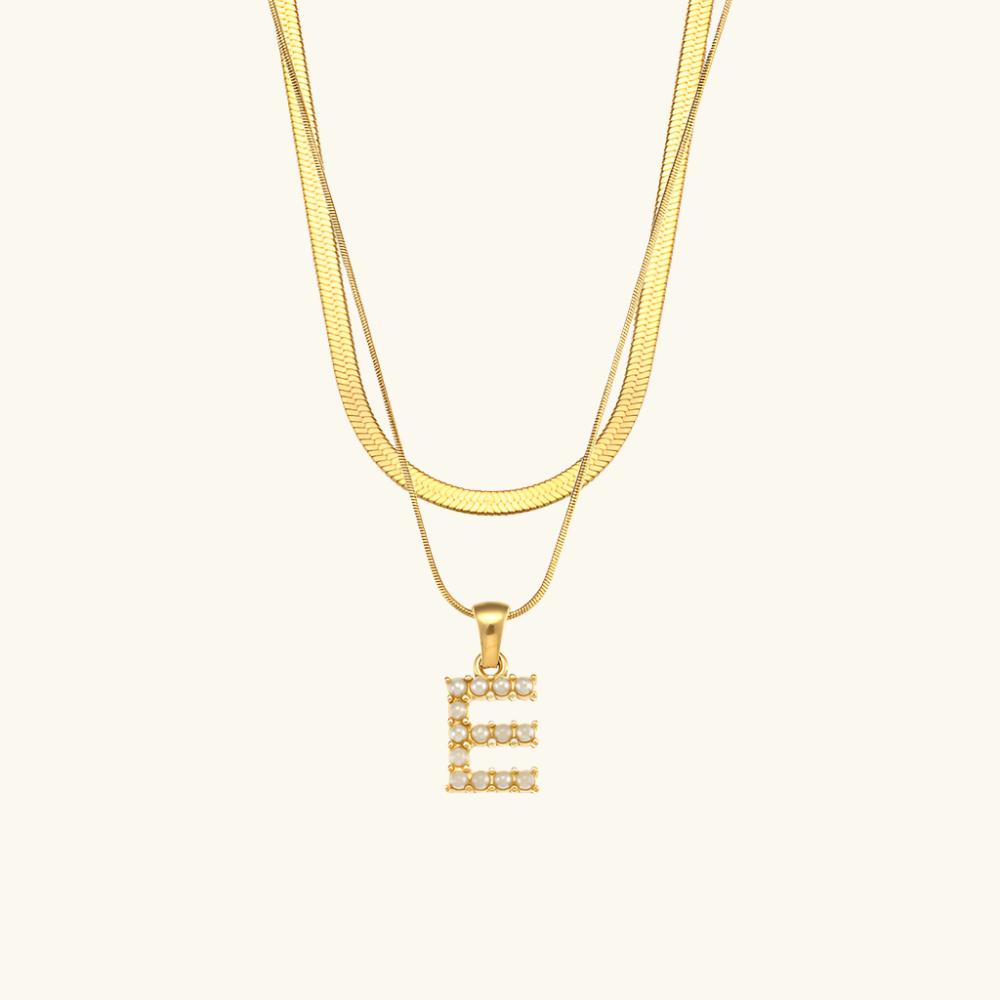 Valantomode | Plated Layered Pearl Initial Necklace with Genuine Freshwater Pearl Architecture