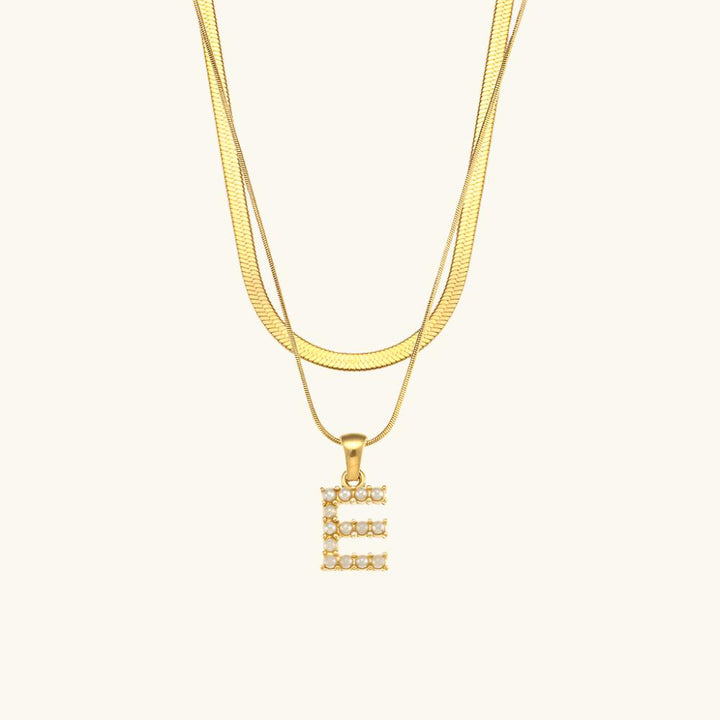 Valantomode | Plated Layered Pearl Initial Necklace with Genuine Freshwater Pearl Architecture