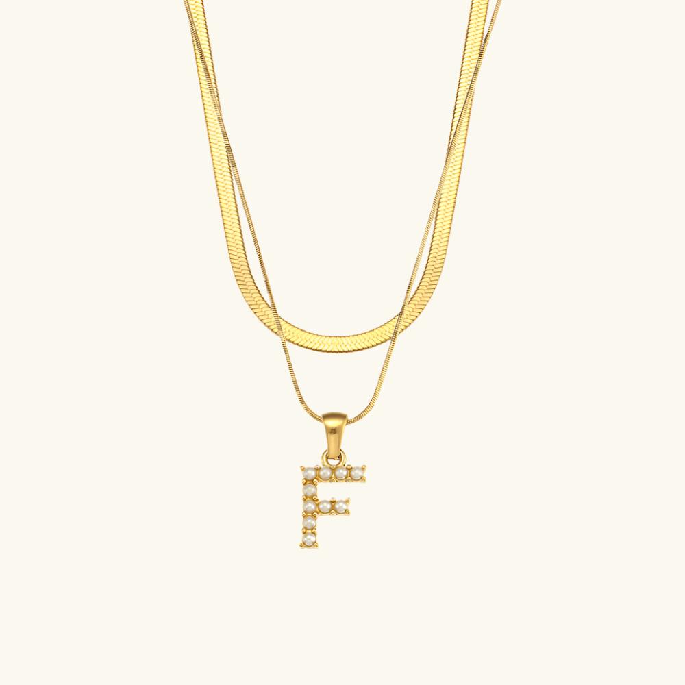 Valantomode | Plated Layered Pearl Initial Necklace with Genuine Freshwater Pearl Architecture