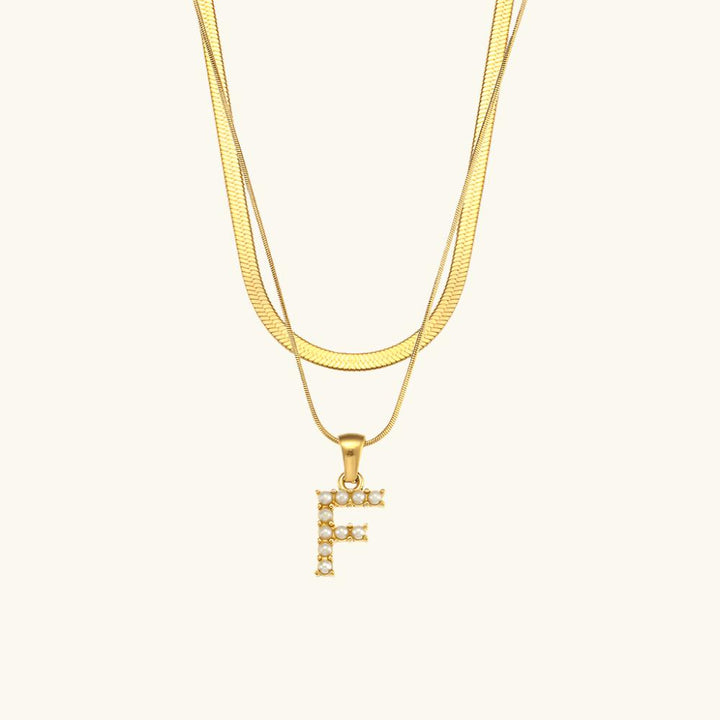 Valantomode | Plated Layered Pearl Initial Necklace with Genuine Freshwater Pearl Architecture