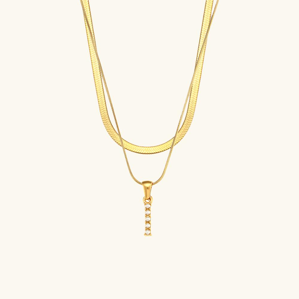 Valantomode | Plated Layered Pearl Initial Necklace with Genuine Freshwater Pearl Architecture
