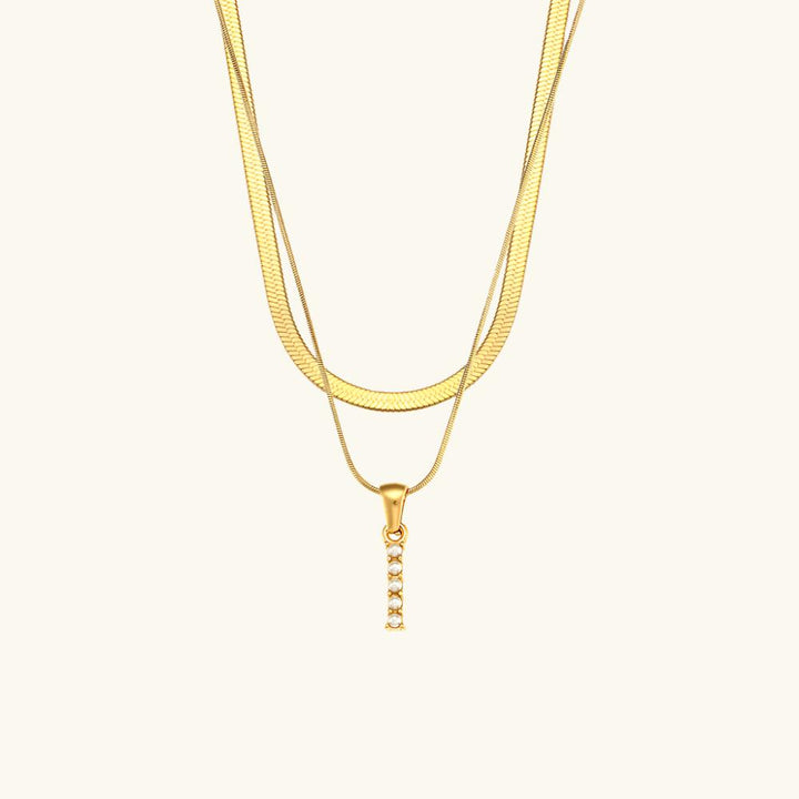 Valantomode | Plated Layered Pearl Initial Necklace with Genuine Freshwater Pearl Architecture
