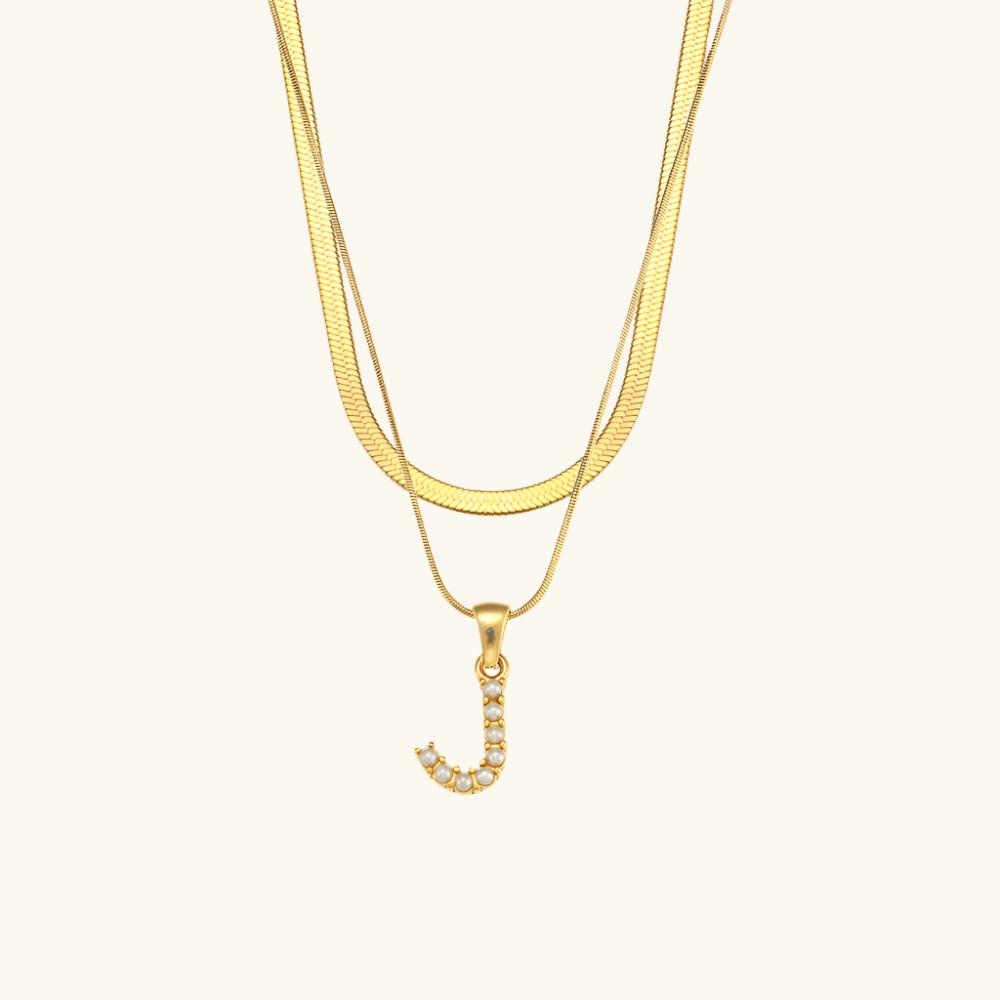 Valantomode | Plated Layered Pearl Initial Necklace with Genuine Freshwater Pearl Architecture