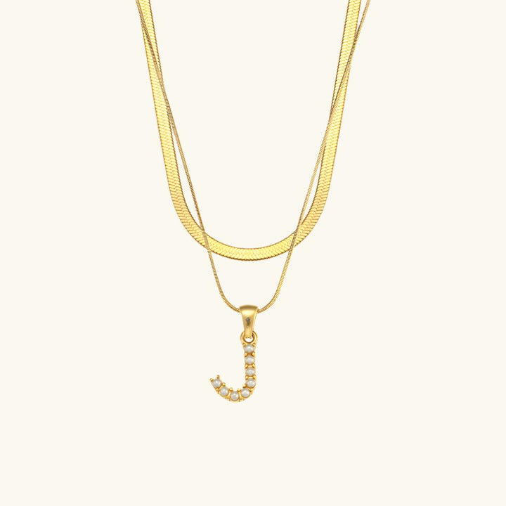 Valantomode | Plated Layered Pearl Initial Necklace with Genuine Freshwater Pearl Architecture