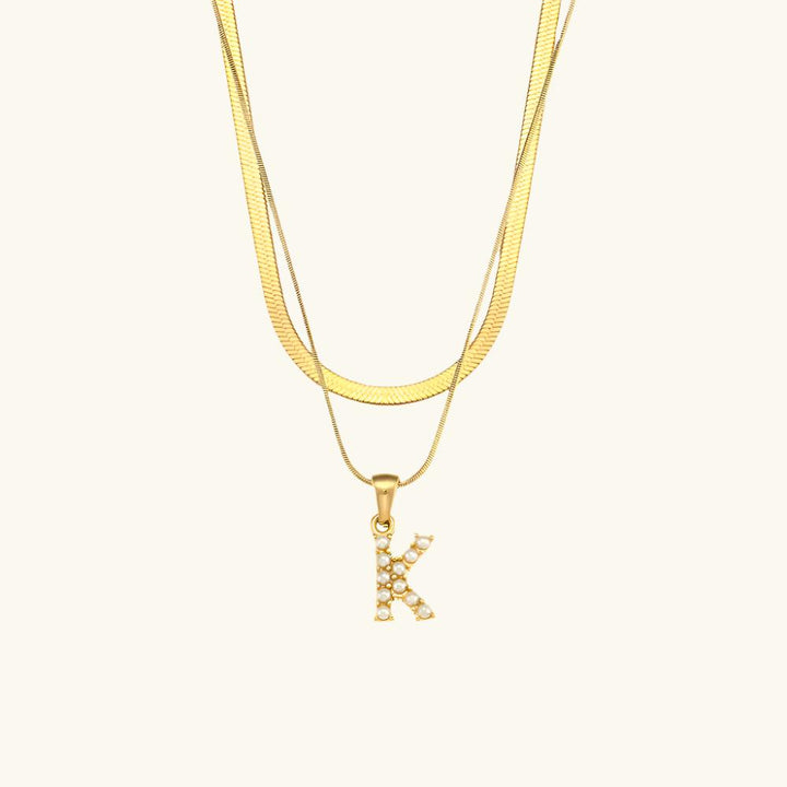 Valantomode | Plated Layered Pearl Initial Necklace with Genuine Freshwater Pearl Architecture